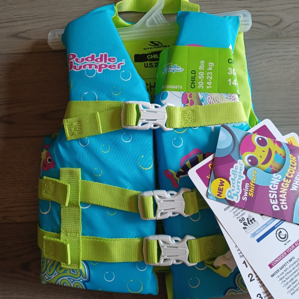 Stearns Child Life Jacket 30-50Lbs Blue And Green NWT Puddle Jumper Swim Shifter